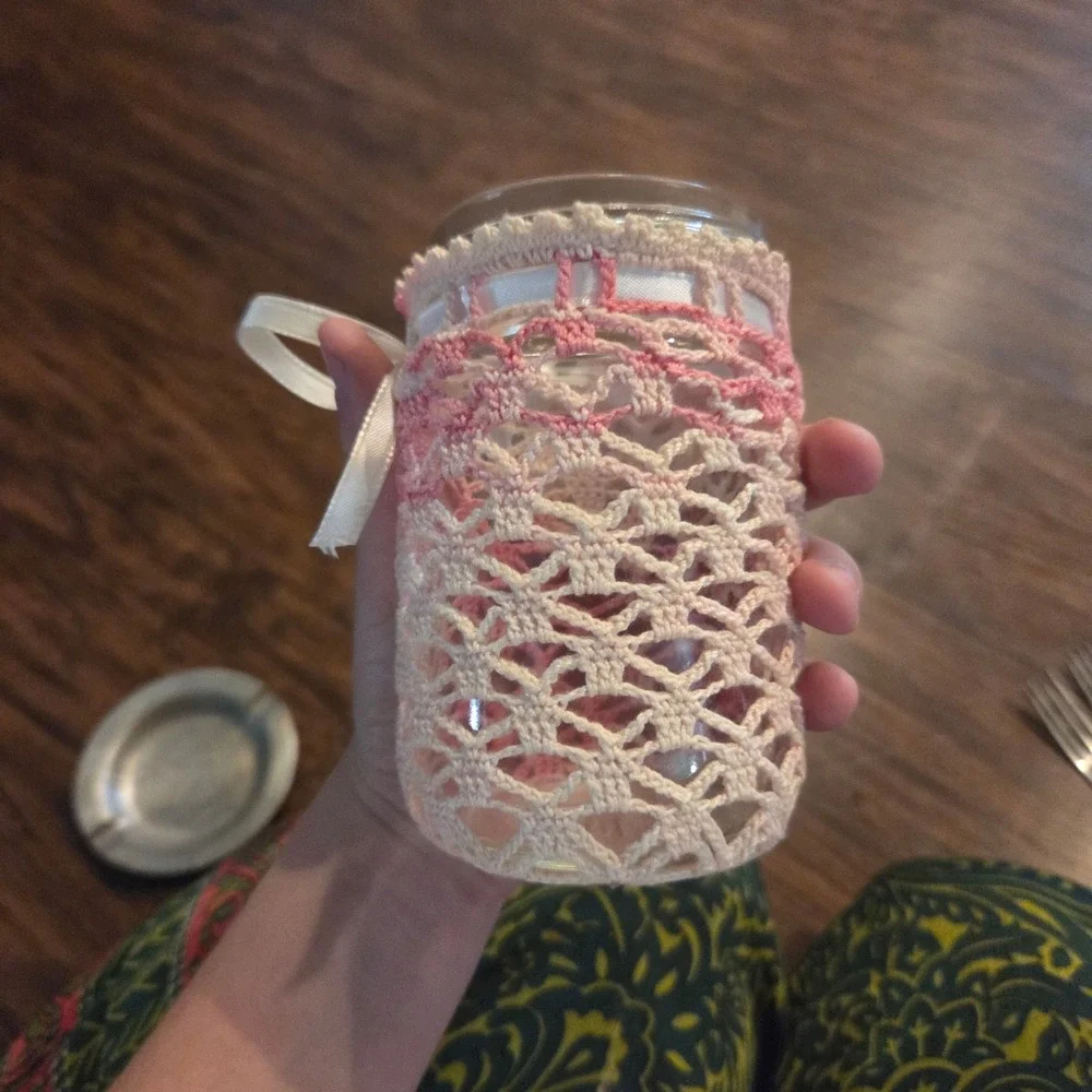 Handmade Pink Ombre Crochet Mason Jar Cover with Ribbon Lace Vase Decor